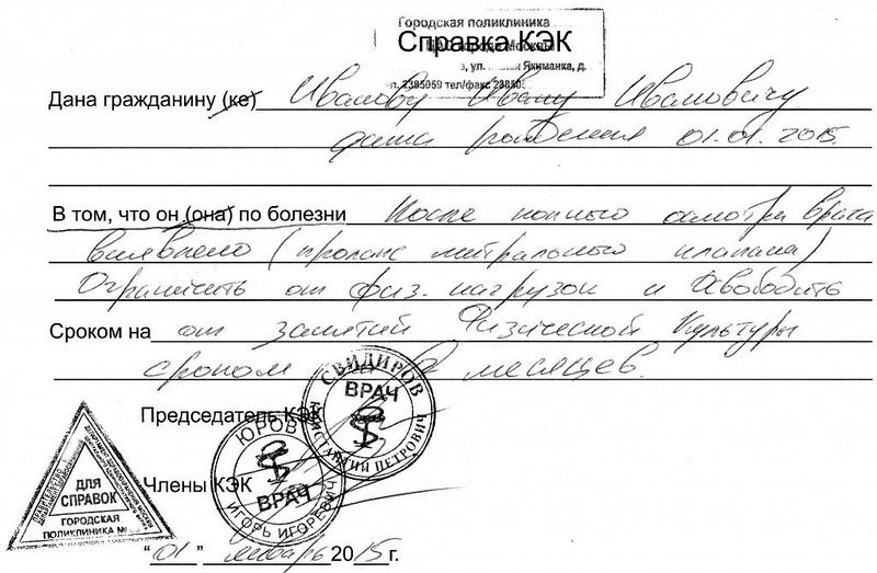 образец справки «Освобождение от физкультуры»